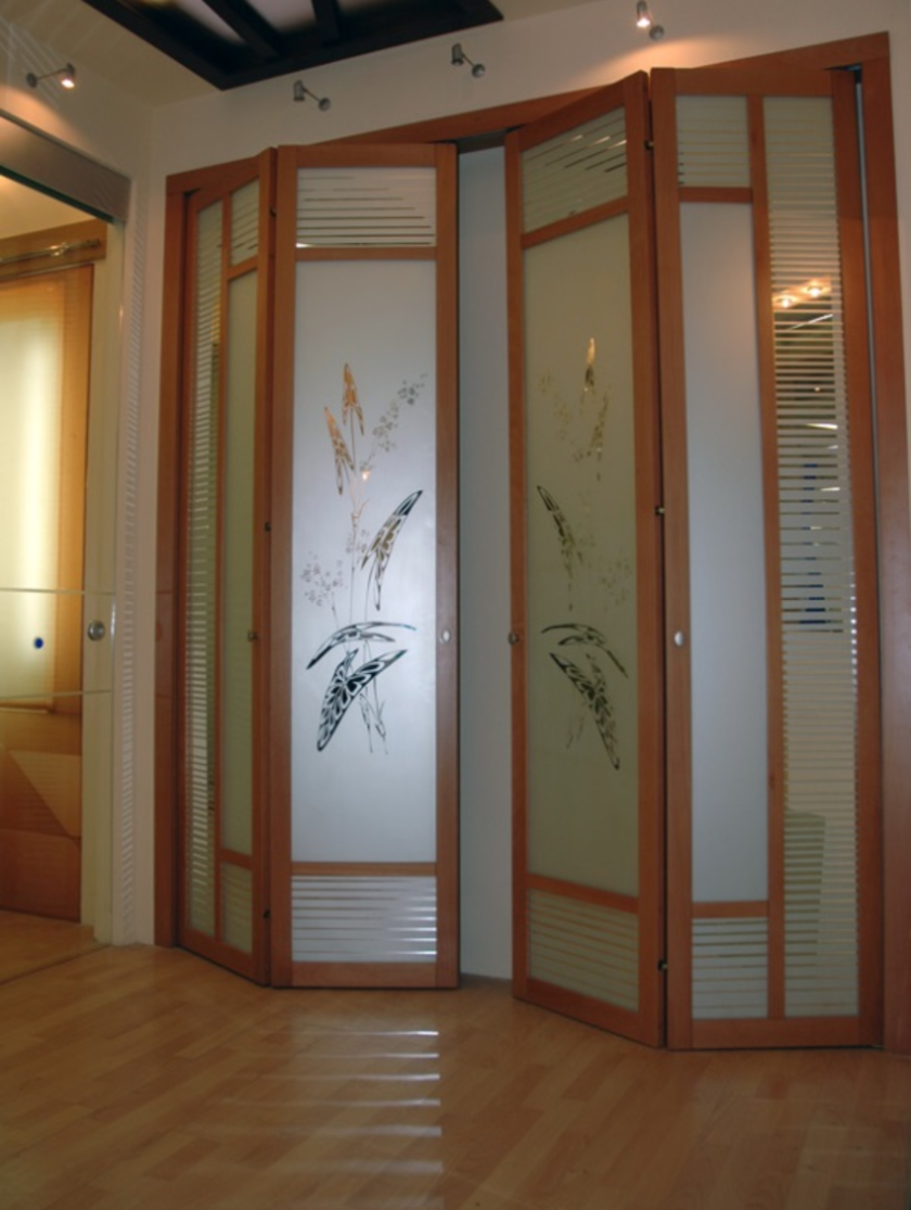 Широкие двери гармошка с матовым стеклом и рисунком Архангельск